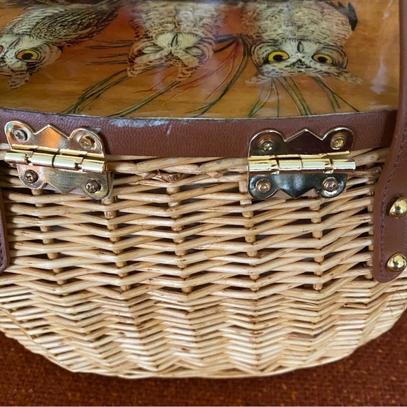 Vintage MCM Cappelli Straworld Wicker Purse w/ Owls on Wood Lid - Picture 10 of 15